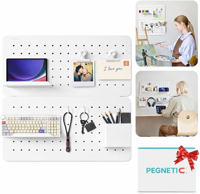 Upgraded Metal Pegboard Wall Organizer Kit – Magnetic, Heavy-Duty Peg Board with Shelves, Hooks & Clips – Wall Mount Storage 