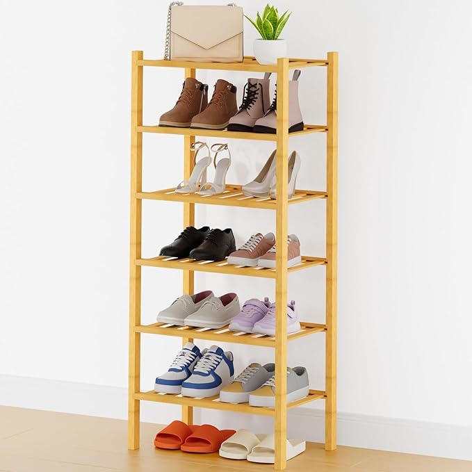 Smiry Shoe Rack, 6 Tier Thick Small Bamboo Shoe Organizer, Stackable Free Standing Wooden Shoe Storage Shelf for Closet, Entr