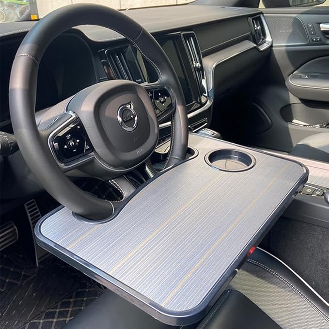 Steering Wheel Tray for Car - 16" Universal Wood Grain Desk Organizer with Cup Holder, Food & Laptop Tray for Vehicles with Up to 15" Steering Wheel (Brown)