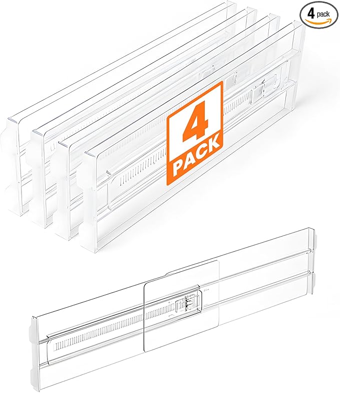 4 Pack Drawer Dividers for Clothes, 4" High 10.6"-16.9" Drawer Divider Adjustable Expandable Dresser Drawer Organizer, Clear 
