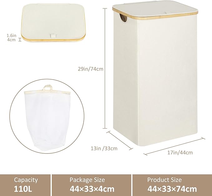 iEGrow Laundry Basket with Lid, 110L Large Laundry Hamper with Handle and Lid, Collapsible Clothes Basket Organizer with Remo