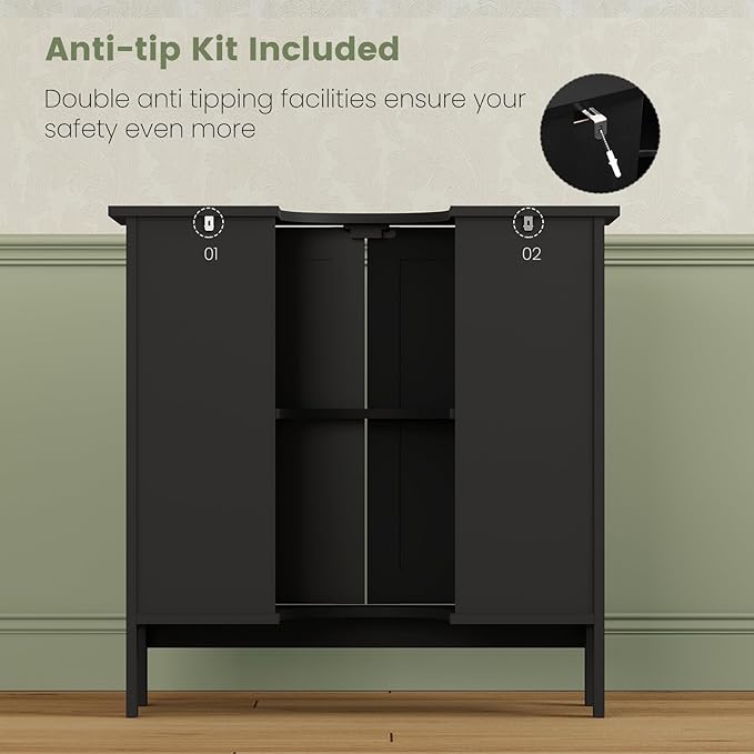 Iwell Pedestal Sink Storage Cabinet with 2 Doors and Shelf, Under Sink Cabinet, Bathroom Sink Cabinet with U-Shape, Black