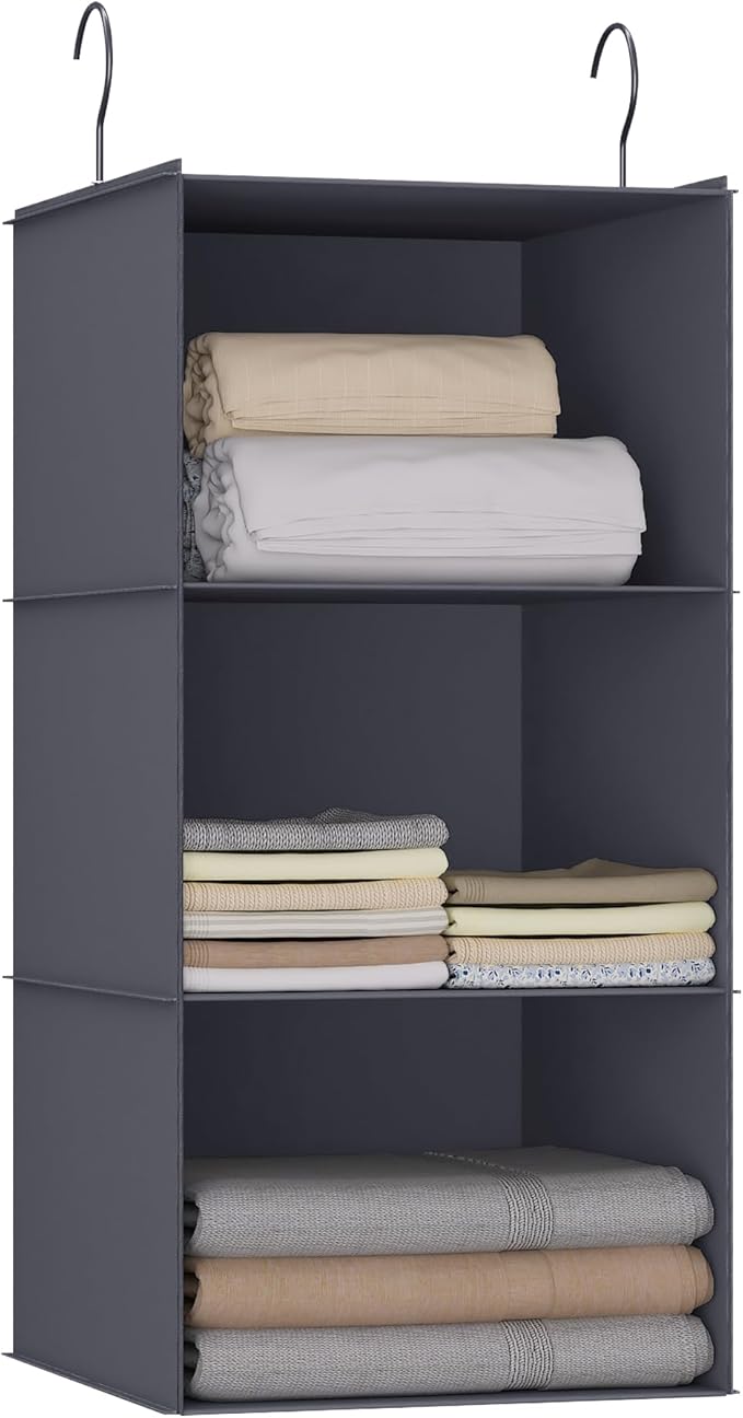 Hanging Closet Organizer and Storage 3-Shelf, Easy Mount Foldable Hanging Closet Wardrobe Storage Shelves, Clothes Handbag Sh