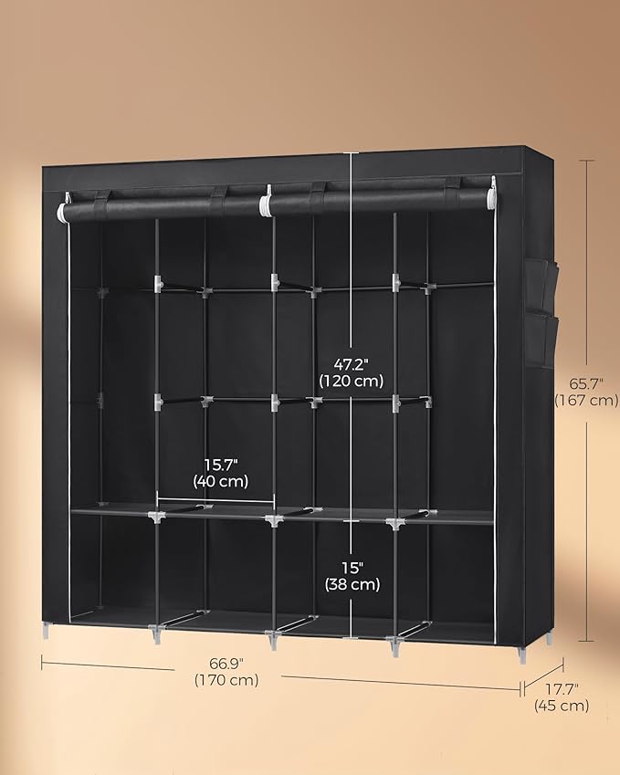 SONGMICS Portable Closet, Wardrobe Closet Organizer with Cover, 4 Hanging Rods and Shelves, 4 Side Pockets, 17.7 x 66.9 x 65.