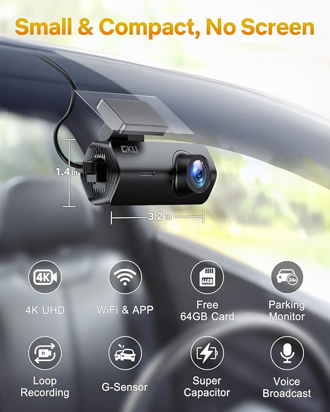 GKU 4K Dash Cam Front, Mini DashCam Includes 64GB Card, Dash Camera Built-in WiFi, 24H Parking Monitor,Night Vision,WDR,170° 