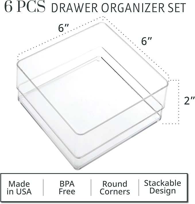 STORi SimpleSort 6-Piece Stackable Clear Drawer Organizer Set | 6" x 6" x 2" Square Trays | Small Makeup Vanity Storage Bins 