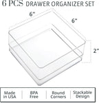 STORi SimpleSort 6-Piece Stackable Clear Drawer Organizer Set | 6" x 6" x 2" Square Trays | Small Makeup Vanity Storage Bins 