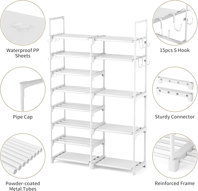 ROJASOP White Shoe Rack, Tall Metal Shoe Rack Organizer for Entryway Closet Garage, 8 Tier Large Shoe Shelf for 26-32 Pairs B