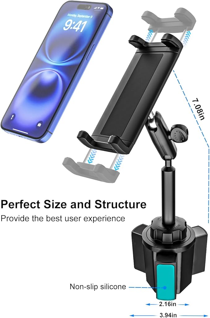 Cup Holder Tablet Mount for Car [Anti-Shake Metal Arm] Heavy Duty iPad Cup Holder Mount for Truck, Tesla, Vehicle, for iPad Pro 12.9 Air Mini Galaxy Z Fold iPhone, 4-13'' Cell Phone Tablets