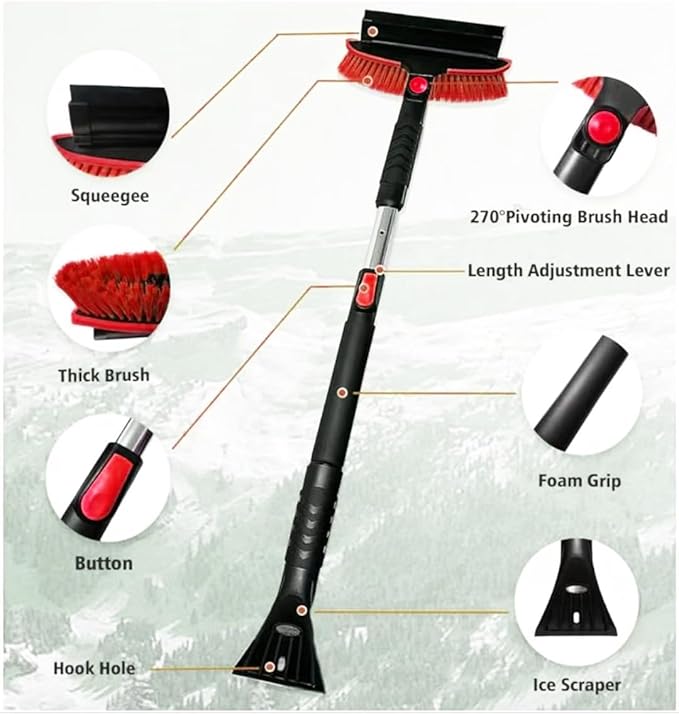 42" Extendable Snow Brush & Ice Scraper for Car Windshield, Heavy Duty 180° Pivoting Black Cleaning Broom for Auto SUV Truck, Detachable Snow Removal Tool with Telescoping Aluminum Rod