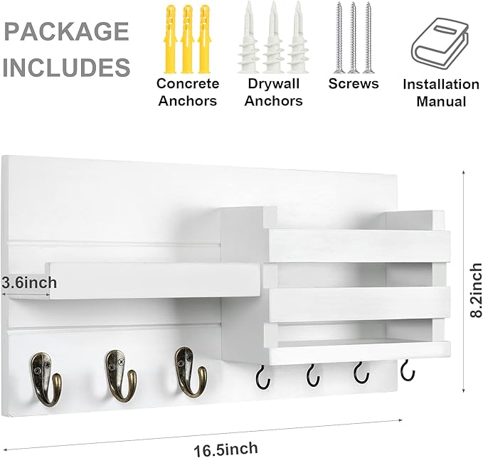 Lwenki Mail Organizer for Wall Mount – Key Holder with Shelf Includes Letter Holder and Hooks for Coats, Dog Leashes – Rustic