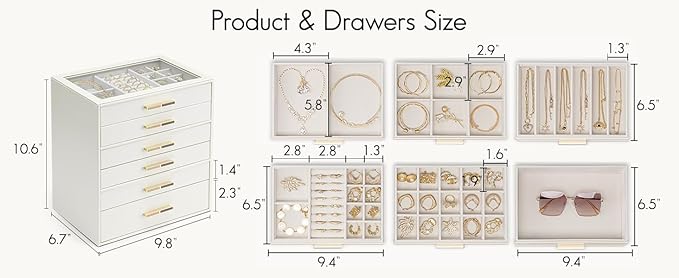 VLANDO 6 Layer Jewelry Box for Women, Glass Lid Jewelry Organizer with 6 Drawers for Necklaces Rings Earrings Bracelets - Clo