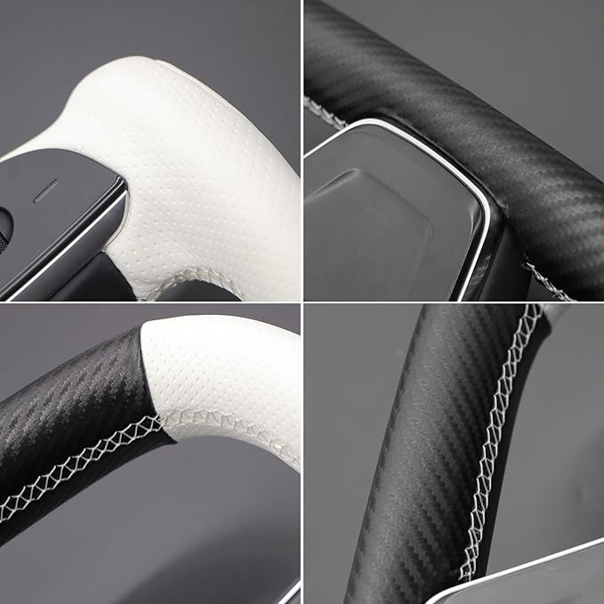 MEWANT Hand Stitched White Leather Steering Wheel Cover Wrap for Tesla Model S 2021-2023 / Model X 2021-2023 Steering Wheel Accessories