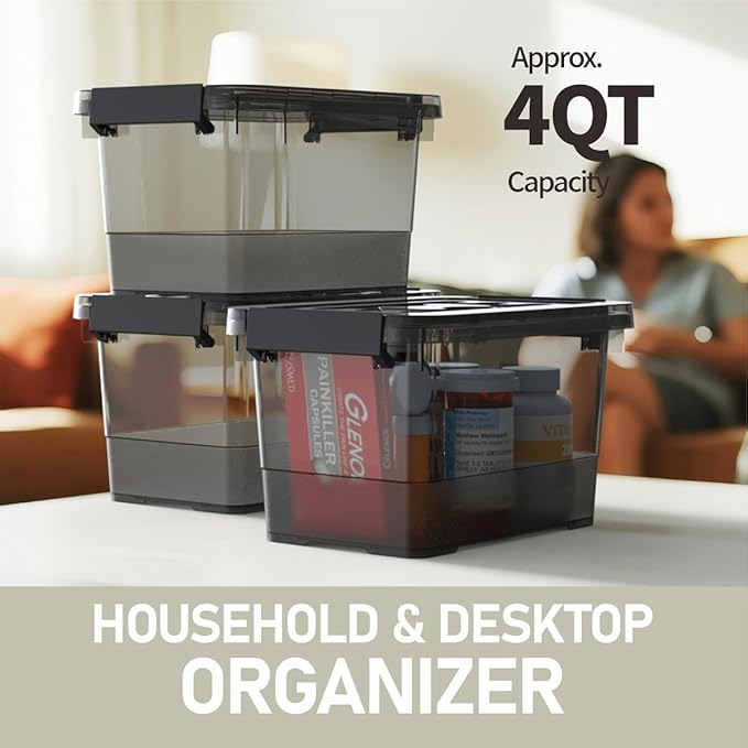 Clear Black Small Plastic Storage Bins with Lids 4 Quart, 6-Pack Stackable Organizer Boxes with Carry Handles, Compact Storag
