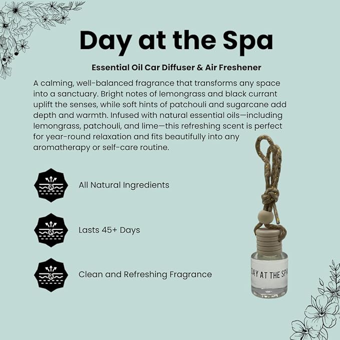 Day at the Spa Hanging Car Air Freshener – Long Lasting Essential Oil Diffuser for Car, Closet, Bathroom – 2-Pack Natural Sce