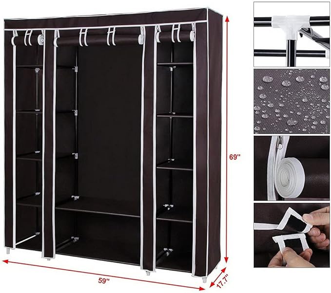 lapday 59 inches Portable Closet Wardrobe, Non-Woven Fabric Closet Storage Organizer with Hanging Rods &12 Storage Shelves, Q