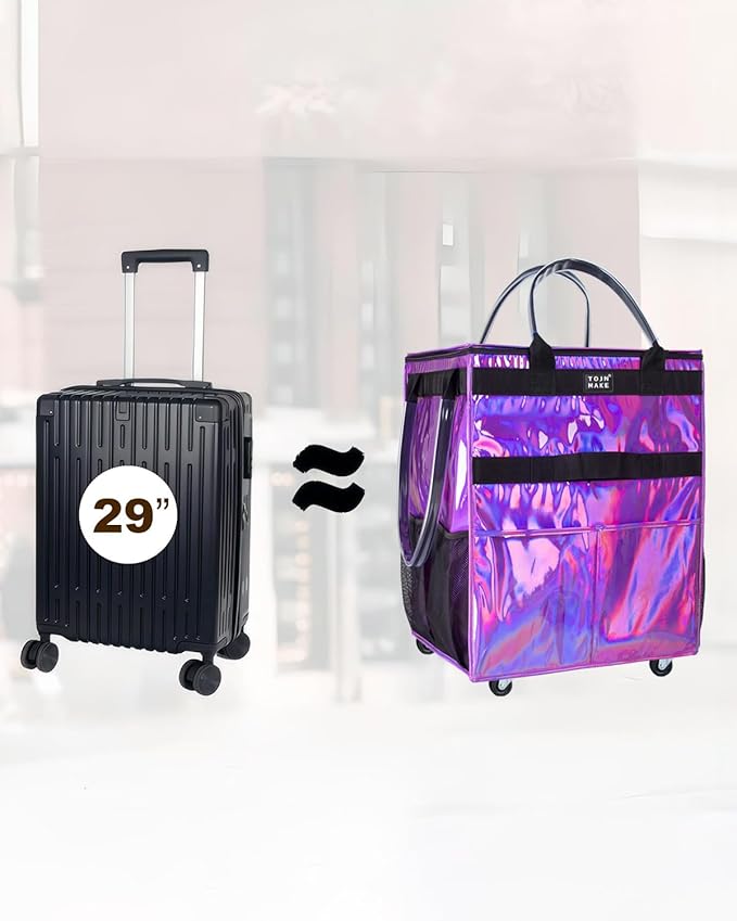 Reusable Grocery Bag with Wheels (Large, Glitter Purple), Rolling Shopping Bag with 8 Pockets and Zipper Cover Foldable Rolling Tote for Women, Travel, Garden, Carries Up to 76LBS