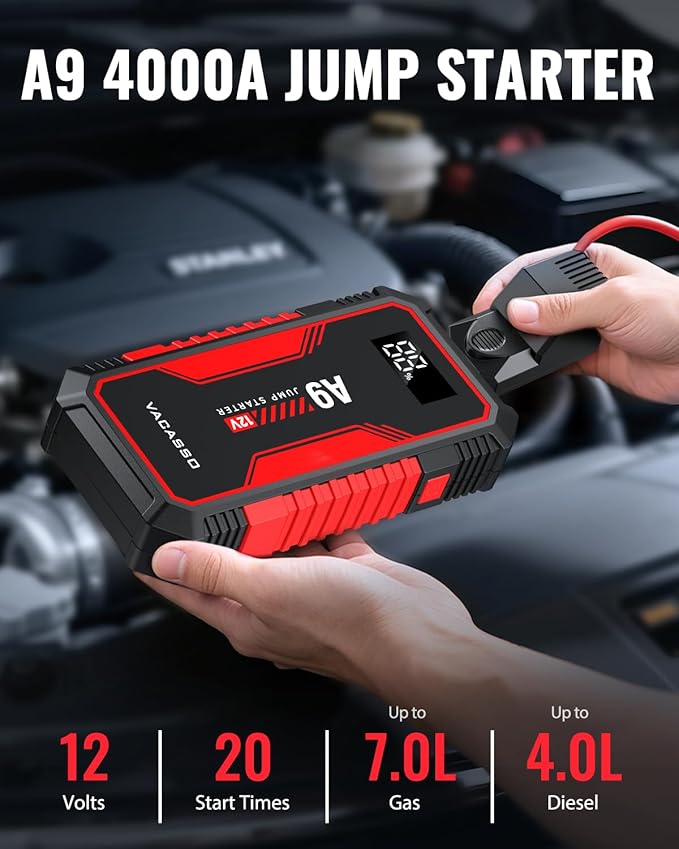 Jump Starter 4000A, VACASSO A9 Battery Jumper Starter Portable (7L Gas/4L Diesel), 12V Car Battery Booster Jump Starters