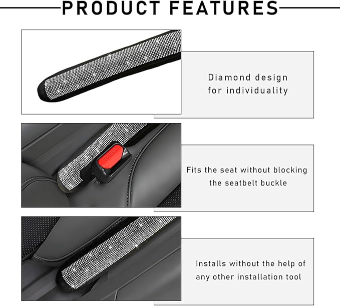 2PCS Bling Car Seat Gap Filler, Sparkling Rhinestone Side Seat Gap Blocker Stop Things from Dropping, Soft Foam Car Truck Filler Blocker Fill The Gaps Between Seats and Console (White)