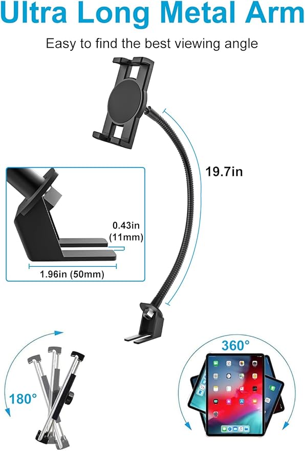 GDZN Tablet Holder for Car Seat Rail with 19.7" Gooseneck Metal Arm, Heavy Duty Anti-Shake Truck Floor Seat Bolt Tablet Mount for iPad Pro 12.9 Air Mini, Galaxy Tab, iPhone, Fire HD, 4-13" Devices