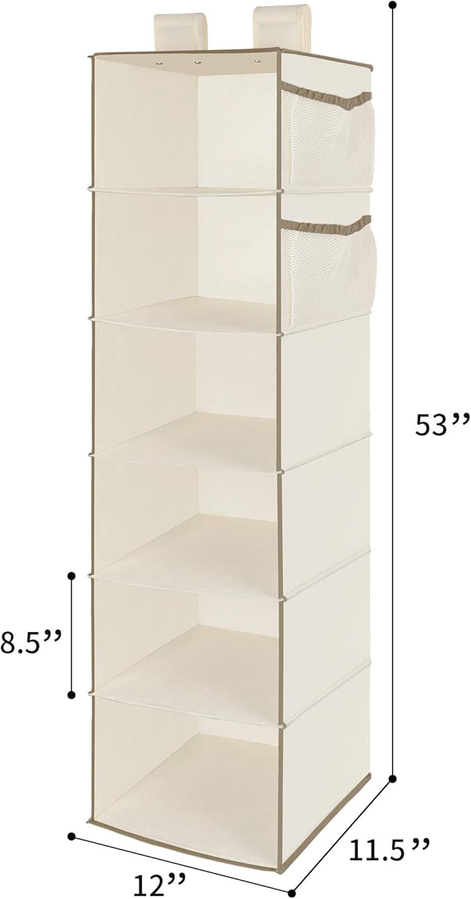 MAX Houser 6 Tier Shelf Hanging Closet Organizer, Closet Hanging Shelf with 2 Widen Straps for Storage, Foldable (Beige2) | S