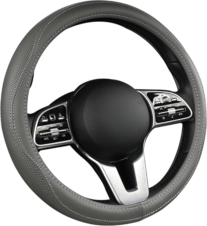 Cowhide Steering Wheel Cover Heat Resistant Anti-Slip Car Wheel Wrap Compatible with Most Makes and Models of Cars and Trucks with 14.5 to 15 Inch Steering Wheel(Gray)