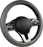 Cowhide Steering Wheel Cover Heat Resistant Anti-Slip Car Wheel Wrap Compatible with Most Makes and Models of Cars and Trucks with 14.5 to 15 Inch Steering Wheel(Gray)