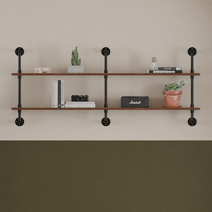 Floating Shelves Wall Bookshelf Industrial Pipe Shelving Shelves Real Wood Planks 70 inch Rustic Wall Shelves Hanging Bookshe