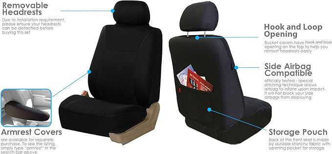 FH Group Light & Breezy Flat Cloth Cars Seat Covers Combo Steering Wheel Cover & Seat Belt Pads, Airbag and Split Rear Univer