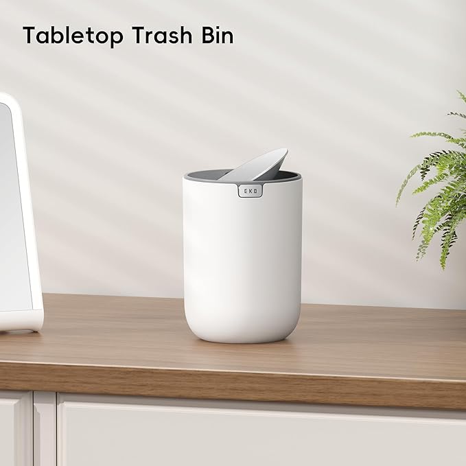EKO Fandy 0.58 Gal/2.2L Mini Trash Can with Lid, Swing-Top Desktop Trash Can for Bathroom, Countertop, Vanity, Desk or Office, Small Garbage Bin (White)