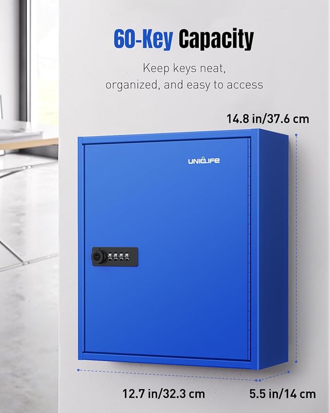 Uniclife 60 Keys Key Lock Box with Code, Wall Mount Key Box, Key Cabinet with Key Racks and Tags, Lock Box for Keys, Key Lock