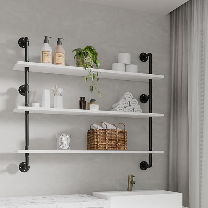 Industrial Pipe Shelving Rustic White Pipe Wall Shelves Industrial Shelves with Wood Planks Floating Shelves 48 Inch Farmhous