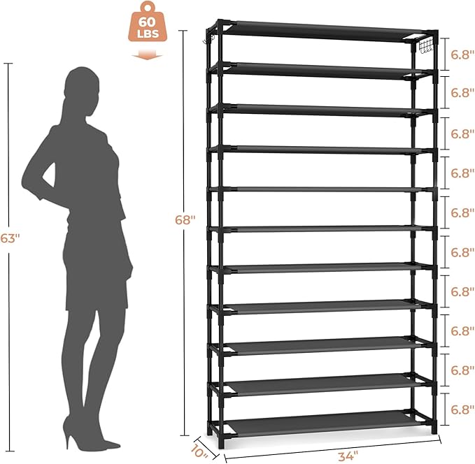 VILICK 11 Tiers Tall Wide Shoe Rack 55 Pairs Large Capacity Sturdy Durable Shoe Rack for Closet Metal Shoe Organizer Shelf wi