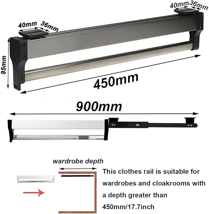 Pull Out Clothes Hanger Rail Rack - With 2 Sliding Rails Adjustable Extendable Clothes Rail, Extendable Pull Out Closet Rod, 