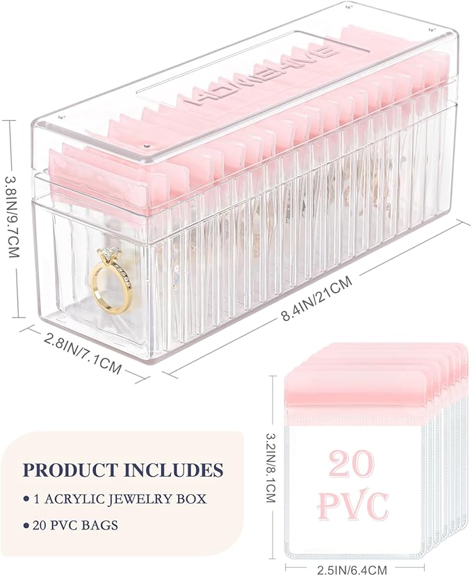HOMEHIVE Acrylic Jewelry Box Organizer, Clear Jewelry Organizer Holder with 20 Portable Anti Tarnish Jewelry bags, Travel Jew
