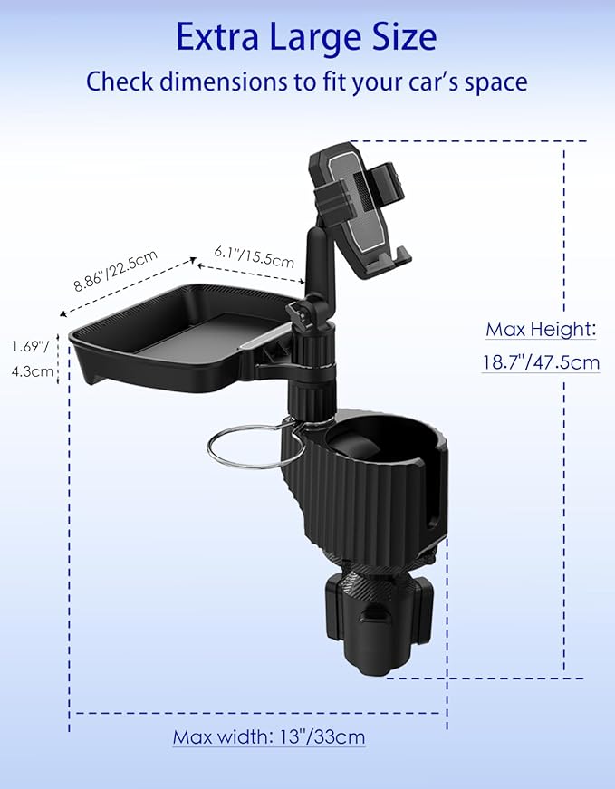 Car Cup Holder Tray - 4 in 1 Car Cup Holder Expander with Metal Cupholder, Adjustable Food Tray and Phone Mount for All Purpo