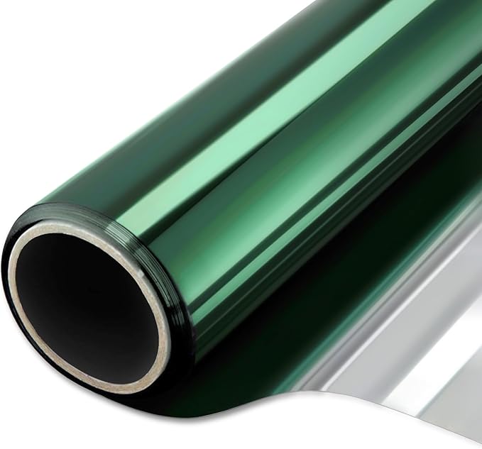 WPCTEV Window Film One Way Mirror Film Daytime Privacy Static Non-Adhesive Decorative Heat Control Anti UV Window Tint for Home and Office, Green Silver 35.4 Inch x 6.5 Feet