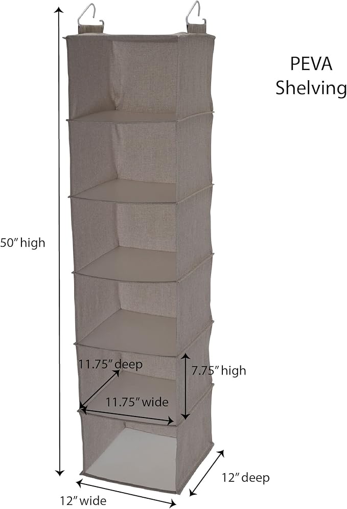 Household Essentials 6 Shelf Hanging Closet Organizer, Hanging Closet Shelf, Fabric Poly Linen and PEVA Shelving