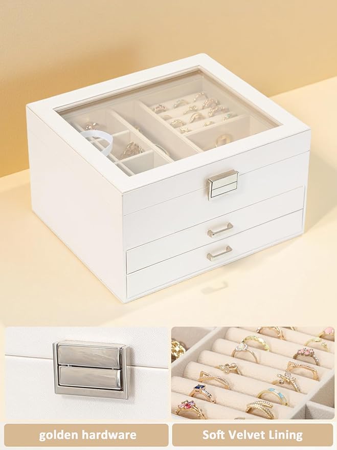 Clear Lid Jewelry Box,3 Layers Jewelry Organizer Large Multi-Functional Jewelry Storage Box with 2 Drawers,Jewelry Display Ca