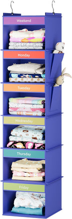 YOUDENOVA 6-Shelf Weekly Hanging Closet Organizer, Weekly Clothes Organizers for Kids with 2 Side Pockets, Blue