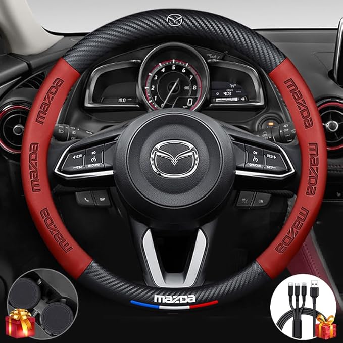 Customized Steering Wheel Cover Compatible with Mazda, Nappa Leather & Carbon Fiber Design Car Steering Wheel Cover, with Coasters and 3-in-1 USB Fast Charging Cable (Red)