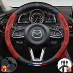 Customized Steering Wheel Cover Compatible with Mazda, Nappa Leather & Carbon Fiber Design Car Steering Wheel Cover, with Coasters and 3-in-1 USB Fast Charging Cable (Red)