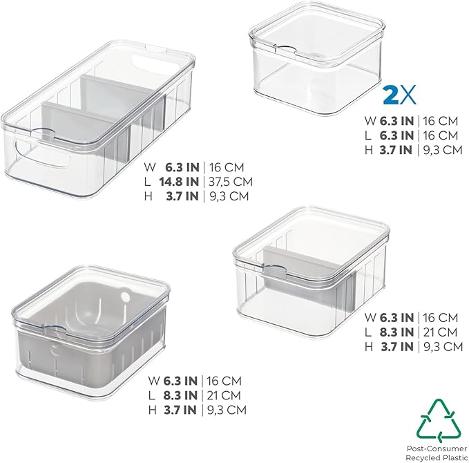 iDesign Crisp 5-Piece Recycled Plastic Refrigerator Organizer Bin Set with Lids, Clear/Gray