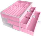 Clear Acrylic Velvet Jewelry Organizer with 3 Drawers, Stackable Display Storage Earrings Necklace Rings Bracelets Box Holder