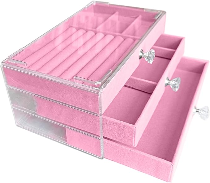 Clear Acrylic Velvet Jewelry Organizer with 3 Drawers, Stackable Display Storage Earrings Necklace Rings Bracelets Box Holder