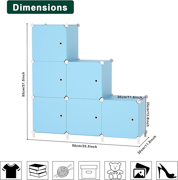 Cube Storage Organizer, 6-Cube Shelves Unit with Doors, DIY Stackable Plastic Clothes Organizer for Bedroom and Under Stairs 