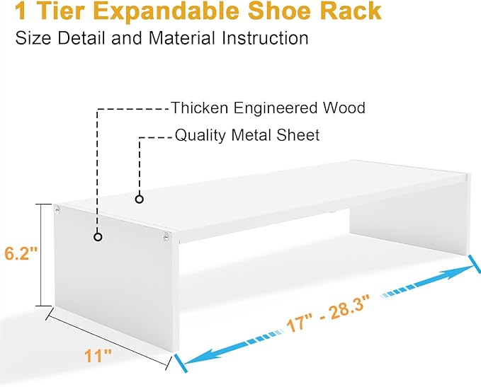 Cidaziya 2 Pack Expandable 1 Tier Shoe Rack for Shoe Cabinet, 1 Tier Stackable White Shoe Shelf Organizer for Closet, Sturdy 