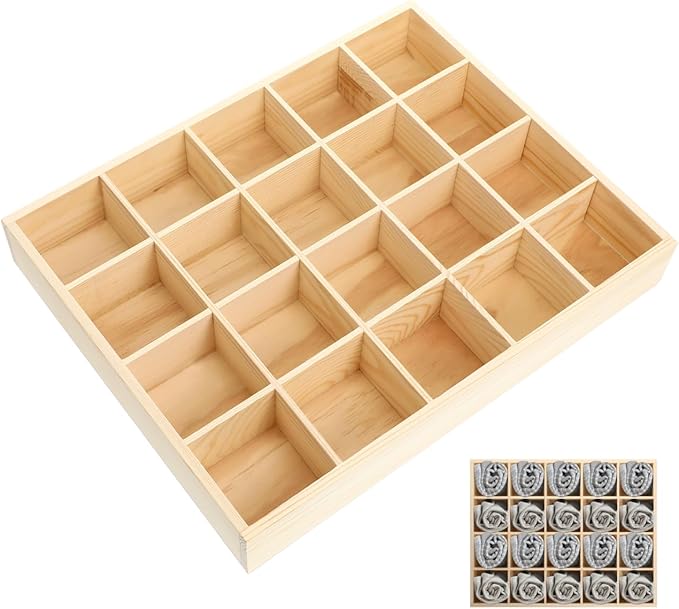 Amosfun Wooden Storage Divider Box with 20 Compartments Showcase Display Box for Keys Socks Ties Watches Small Jewelry Items 