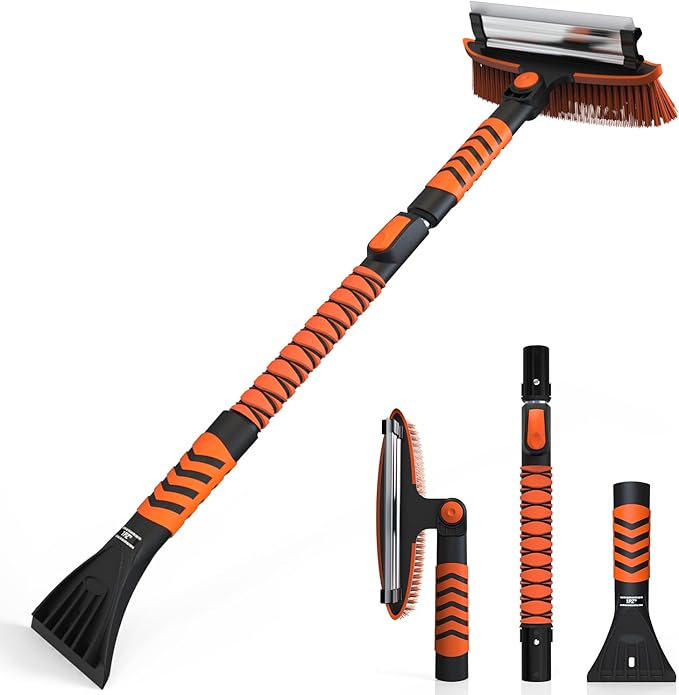 1PZ KD3-KV4 Snow Brush and Ice Scraper 3 in 1 Sturdy Snow Brush with Squeegee Windshield with Foam Grip and 360° Pivoting Brush Head Light Weight Anti-Freeze Extreme Durability for Car Truck SUV