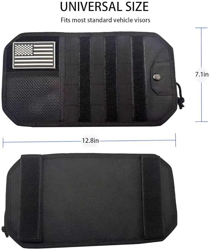 Tactical Molle Car Sun Visor Organizer – Semi-Rigid Storage Panel with Zipper Pouch & Glasses Clip, Universal Organizer for Cards, Pens & Tactical Gear, Fits All Cars, SUVs, Trucks